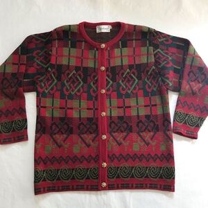 Edinburgh Wool Blend Scottish Red Plaid Sweater Cardigan